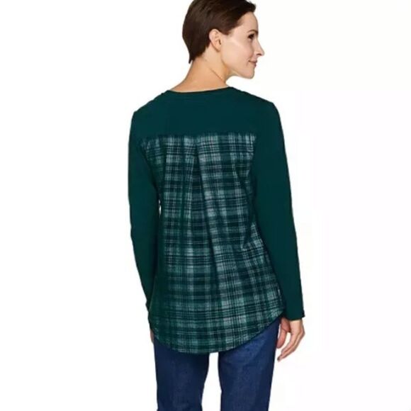 Isaac Mizrahi Live! DENIM Slub Knit Tunic w/ Plaid Corduro Back - Picture 2 of 6